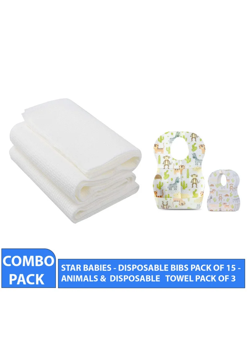 ستار بيبيز Combo Pack Disposable Bibs Pack Of 15 With Disposable Towel Pack Of 3 Animal